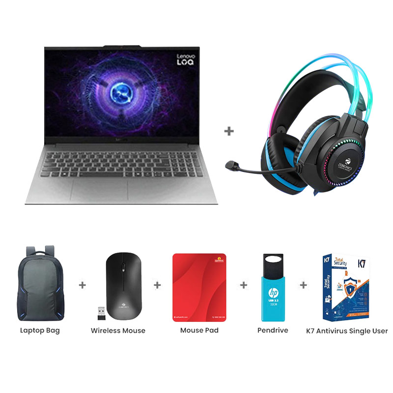 Picture of Lenovo LOQ - Intel Core i5-12450HX 15.6" (39.6cm) 83GS00PJIN Gaming Laptop (16GB/ 512GB SSD/ Full HD Display/  NVIDIA GeForce RTX 3050 6GB/ E-shutter/ IPS 300nits Anti-Glare/ 100% sRGB/ 144Hz/ Windows 11 Home/ MS Office 2024/ 1Year Warranty/Luna Grey/ 2.38Kg) Zebronics Zeb-Jet Premium Gaming Headphone + Laptop Bag + Wireless Mouse + Mouse Pad + Pendrive + K7 Antivirus Single User